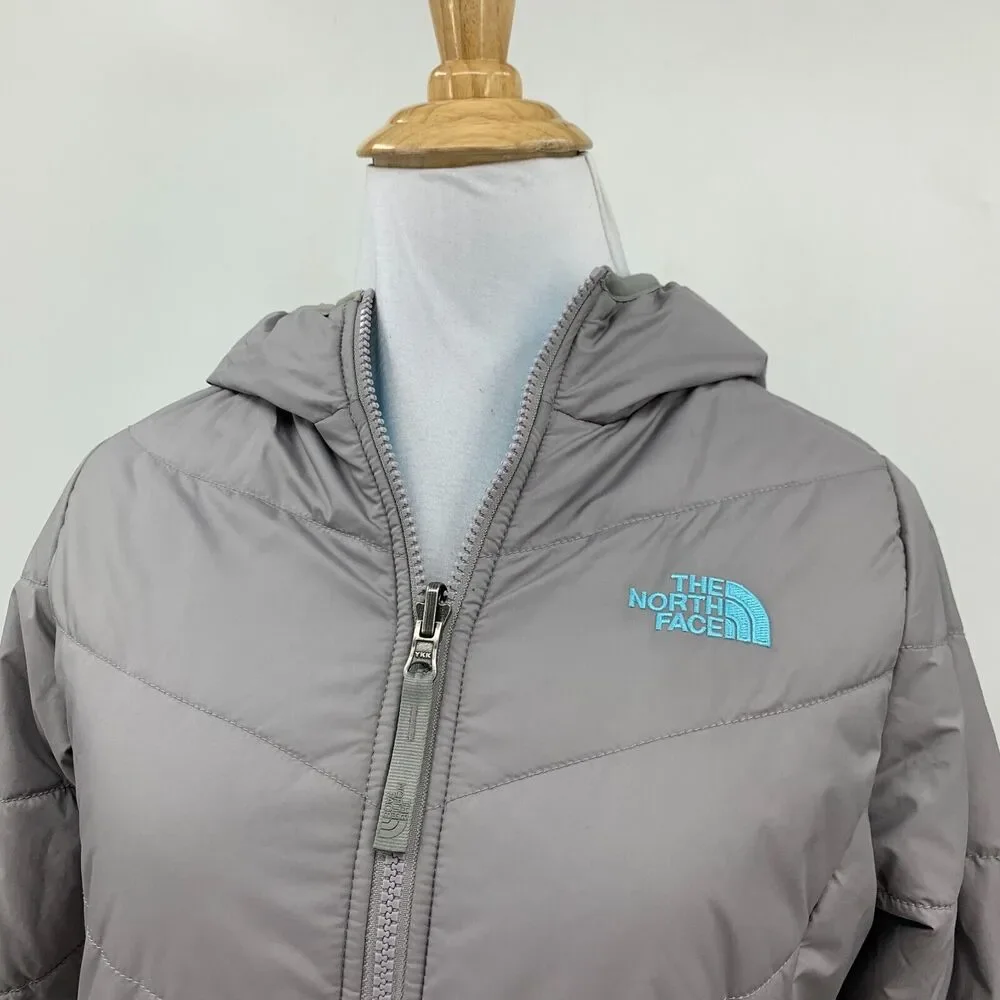 The North Face Reversible Jacket Girls Youth M Medium Aqua Grey Quilted Filled